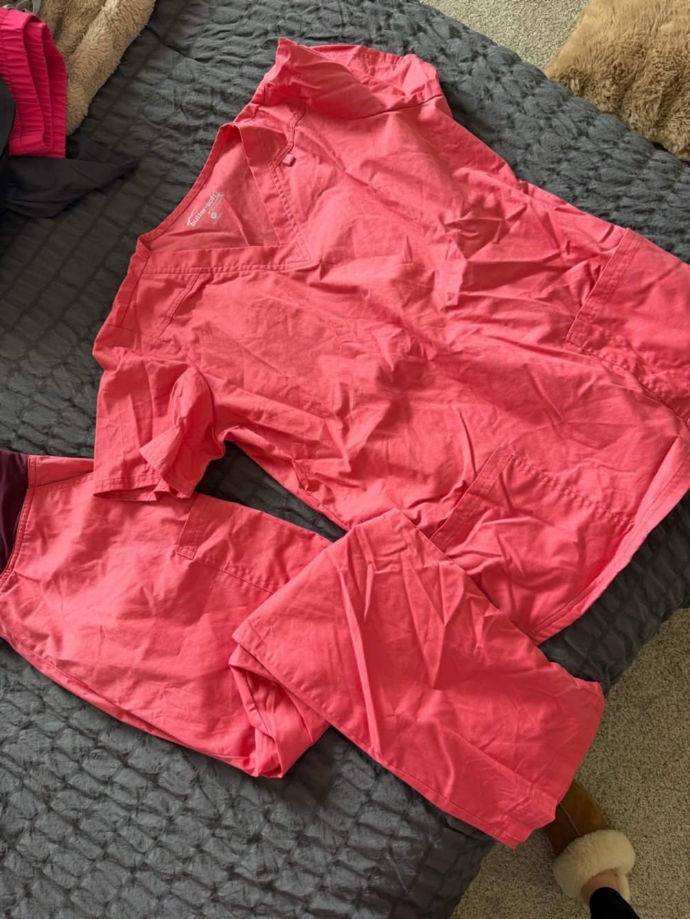 Unbranded Women's Coral Pink V-Neck Scrub Top and Pants Set